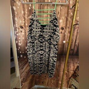 City Triangle Black and White Dress with Green Accents Boho